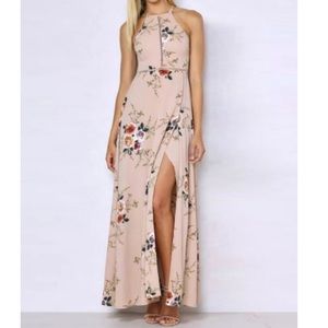 Floral Front Slit Open Back Halter Boho Maxi Dress